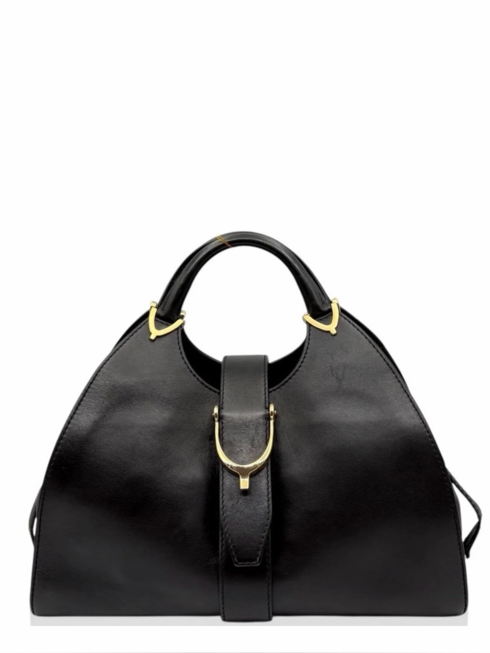 Gucci Horsebit Stirrup Black Leather Top-Handle Satchel with Gold Hardware